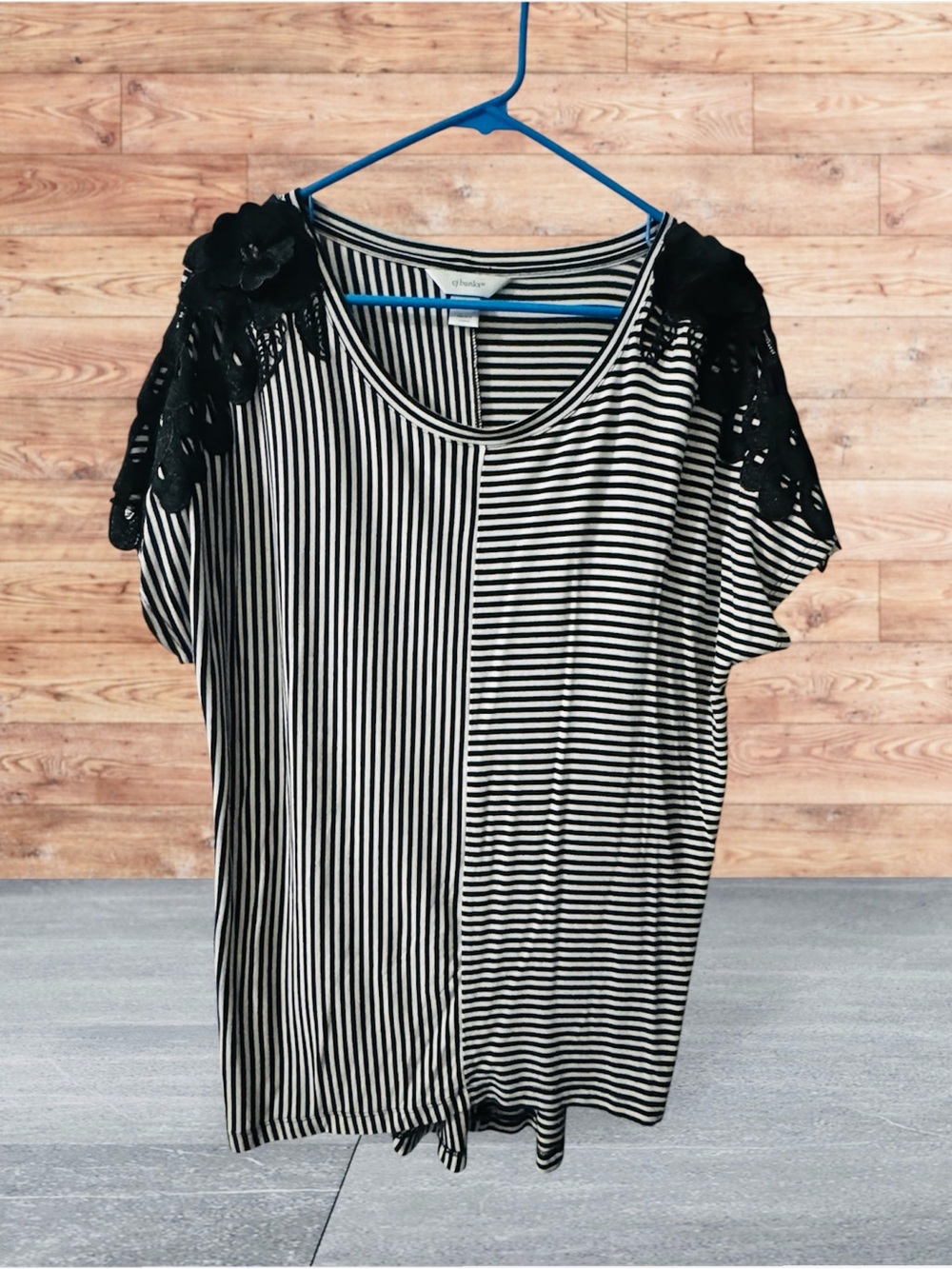 CJ Banks Black & White Striped Tee with Lace Floral Shoulders